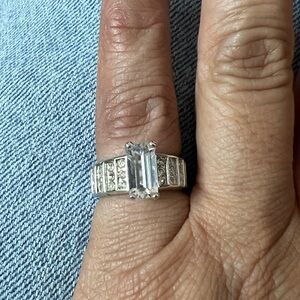Silver Tone Emerald Cut CZ Engagement Ring Size 4.75 Made in USA #47539